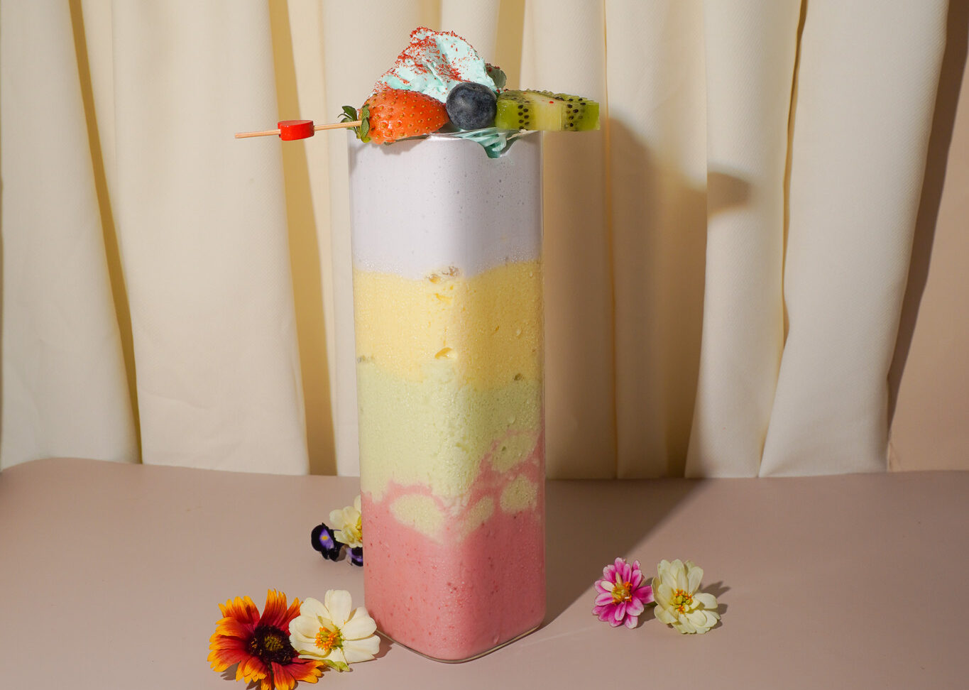 Rainbow Fruit Smoothie with Blueberry Foam & Whipped Cream
